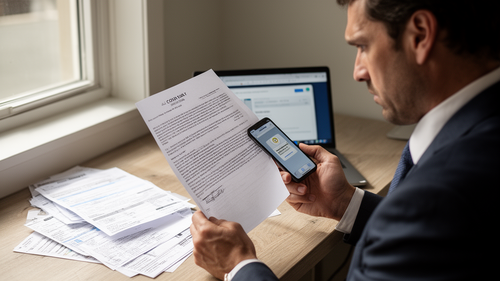 Pessoa em escritório analisando documentos e extratos ao lado de smartphone e laptop