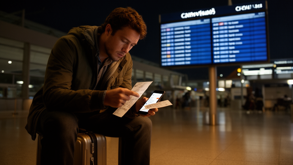 Passageiro à noite no aeroporto checando recibos e notificações de voo cancelado
