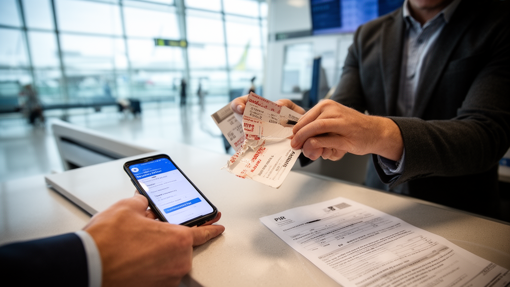 Passageiro em balcão de aeroporto com PIR, voucher e etiqueta de bagagem danificada