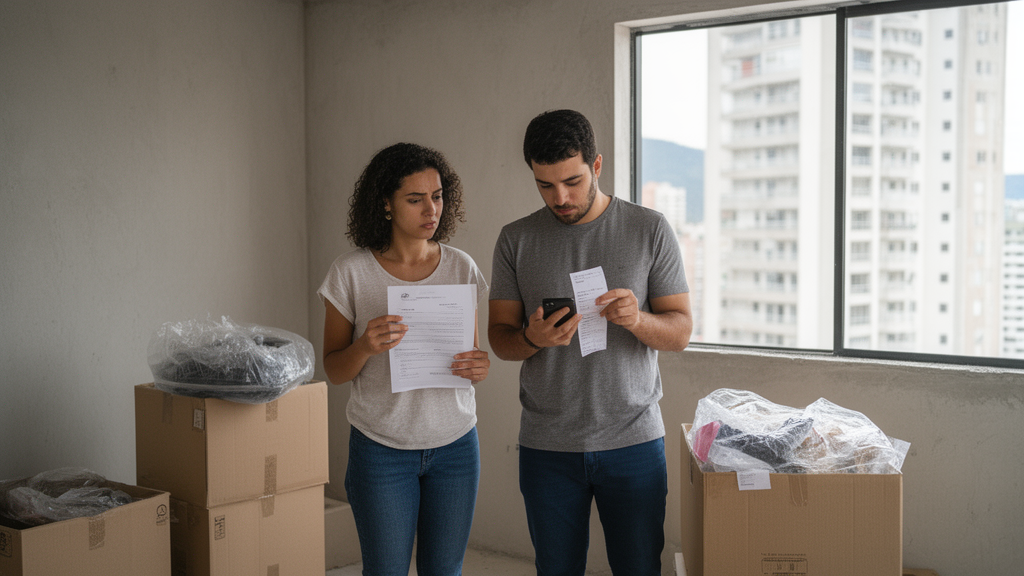 Casal em apartamento inacabado com caixas e contrato em mãos, preocupado com atraso na entrega