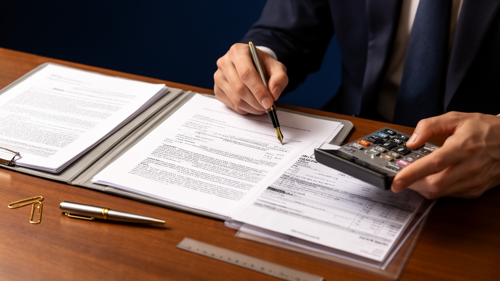 Mesa de escritório com contrato, extrato e mãos analisando números, fundo azul‑marinho
