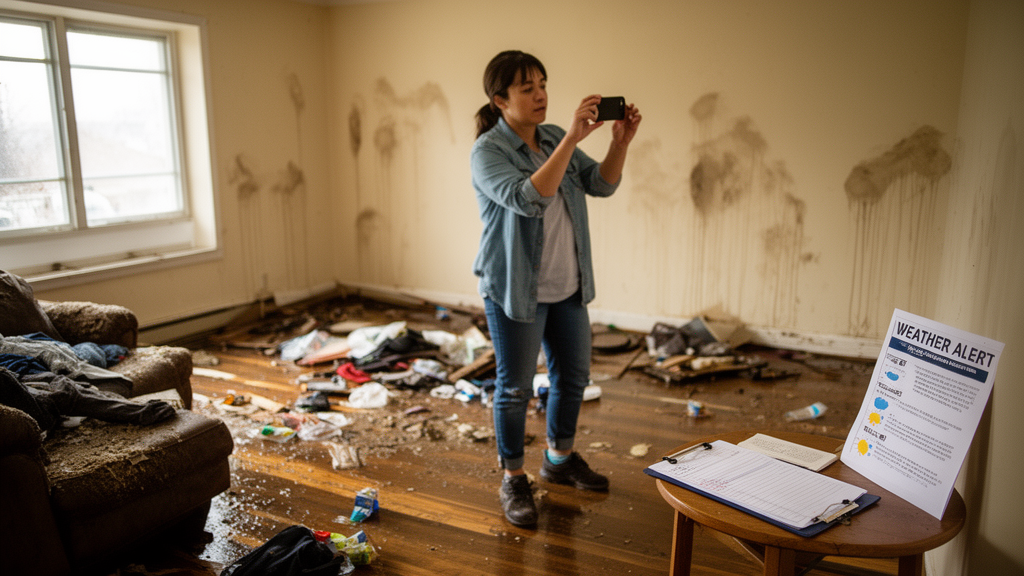Morador tirando fotos de danos por alagamento em sala molhada para documentar sinistro