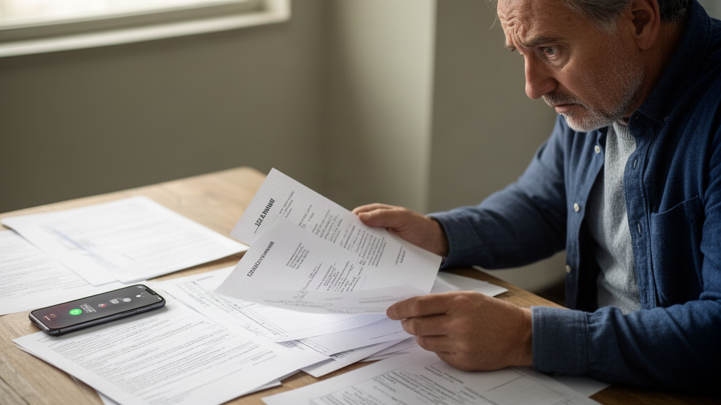 Pessoa analisando citação e contratos bancários em mesa com documentos e celular