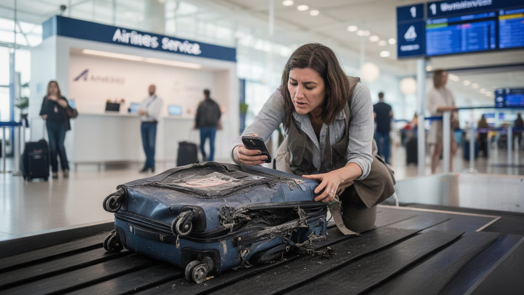 Passageiro no desembarque inspecionando mala danificada e fotografando para registrar ocorrido