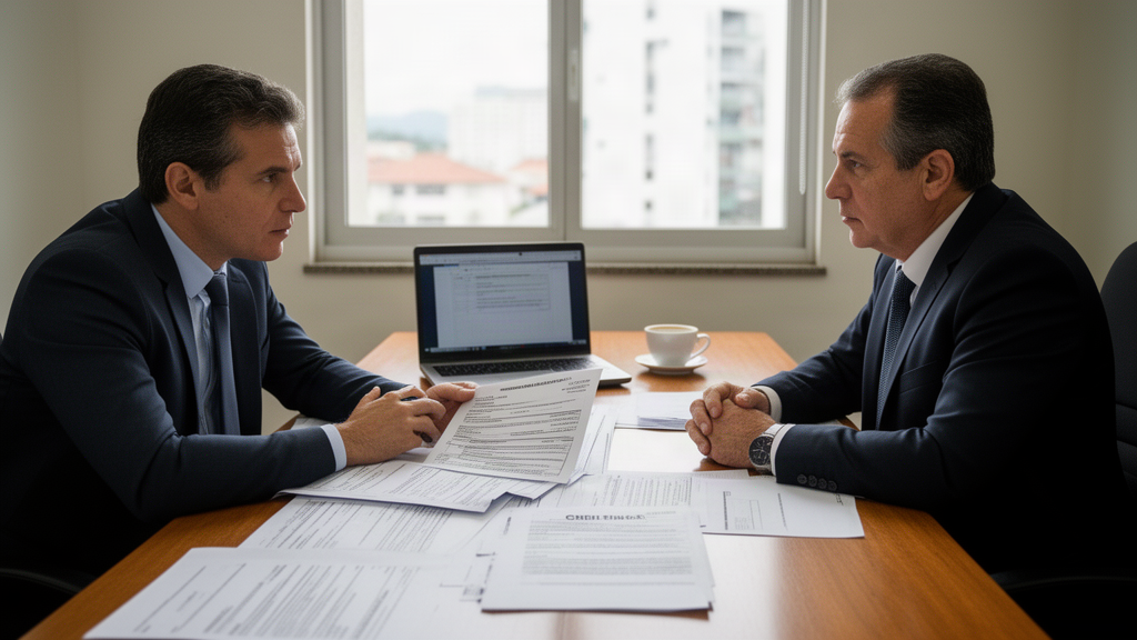 Advogado e empreendedor analisando contratos e documento de baixa do MEI sobre mesa iluminada