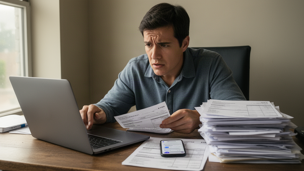 Empresário consultando extratos e notas fiscais em mesa de escritório com expressão preocupada