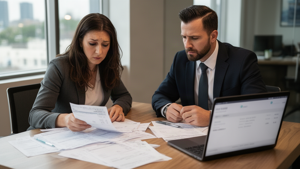 Sócio e advogado analisando extratos e notas fiscais na mesa de escritório com luz natural