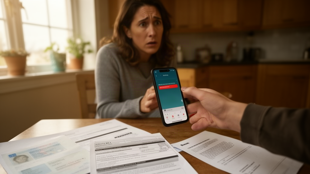 Pessoa preocupada com celular mostrando bloqueio de banco, documentos e comprovantes sobre mesa