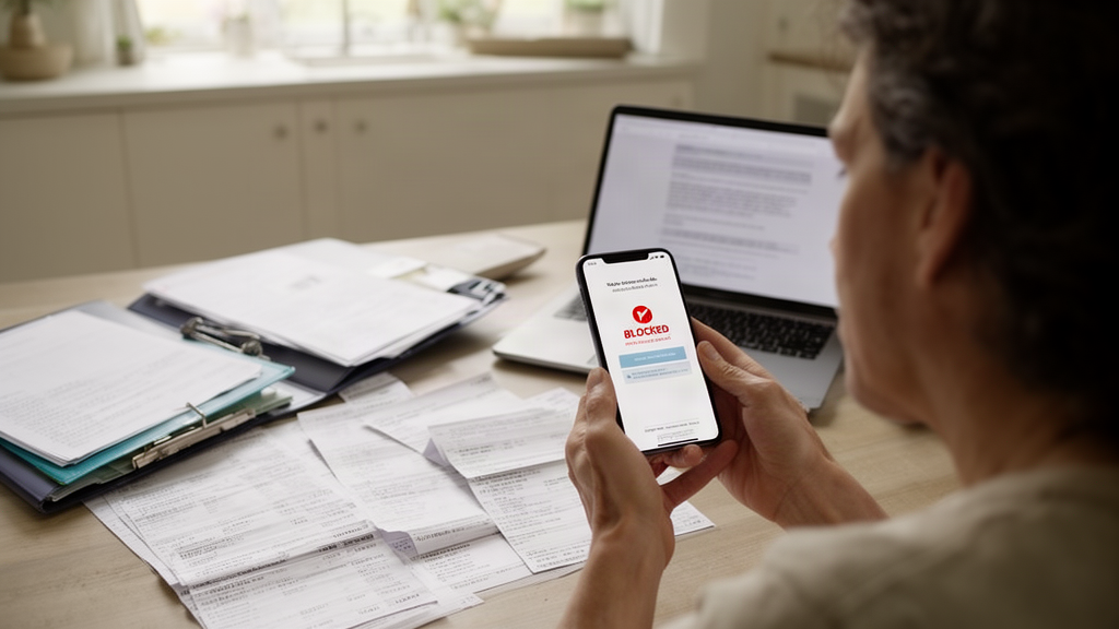 Pessoa em casa consultando extratos e notificação de conta bloqueada no celular sobre a mesa