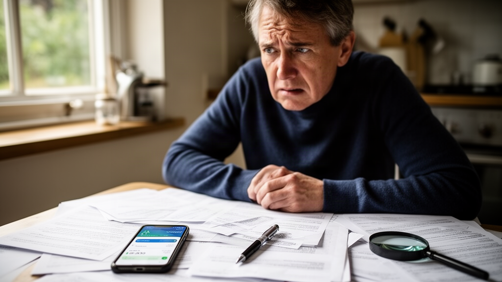 Pessoa preocupada com documentos e celular mostrando notificações bancárias sobre mesa