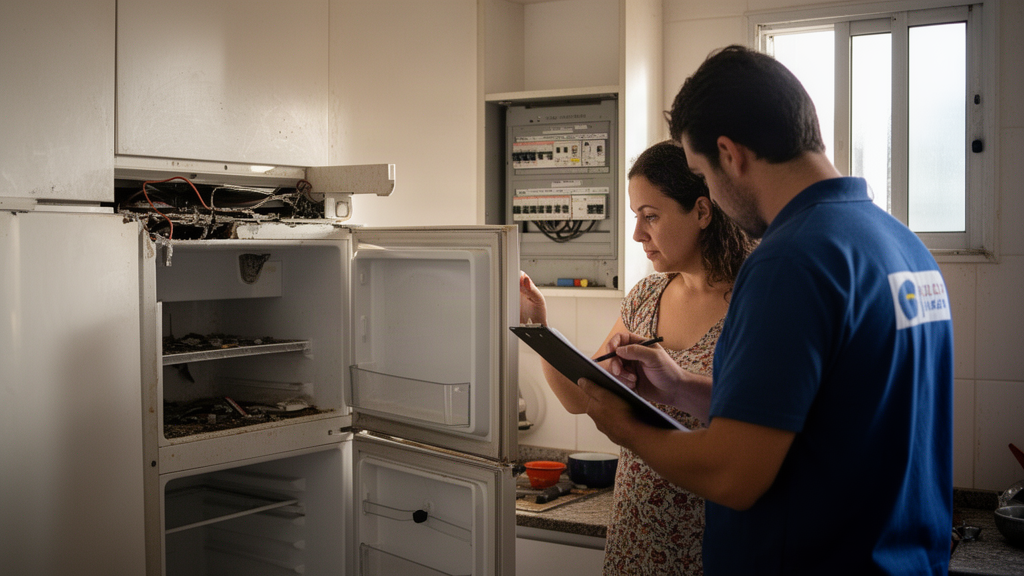 Mulher e técnico inspecionando geladeira danificada após queda de energia na cozinha