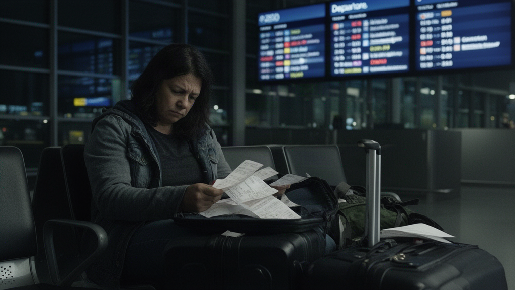 Passageiro cansado sentado no aeroporto à noite com recibos e bagagem, painel de voos ao fundo