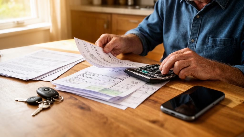 Pessoa analisando contrato e boletos de financiamento de veículo usado sobre mesa com calculadora