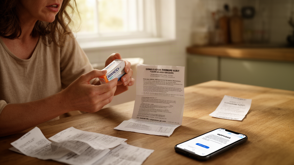 Pai ou mãe com remédio, relatórios e recibos sobre a mesa, smartphone exibindo negativa do plano