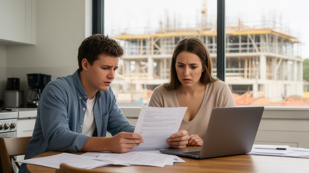 Casal analisando contrato com obra ao fundo, papéis e laptop sobre mesa.
