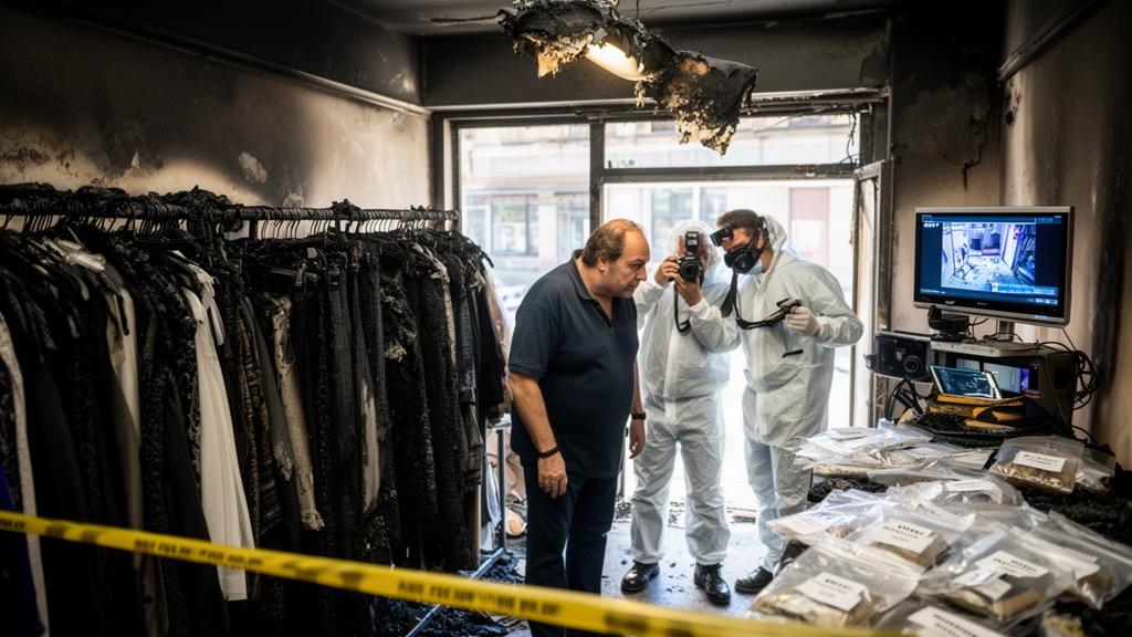 Proprietário e perito fotografando interior queimado de loja com equipamento e amostras preservadas