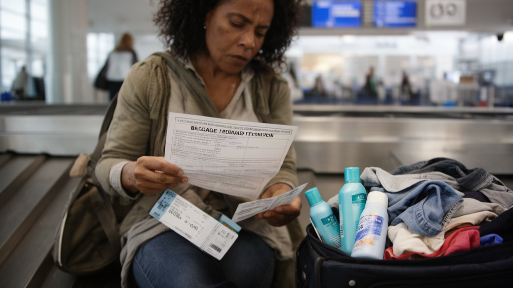 Passageiro no balcão do aeroporto com RIB e comprovantes, roupas e itens comprados