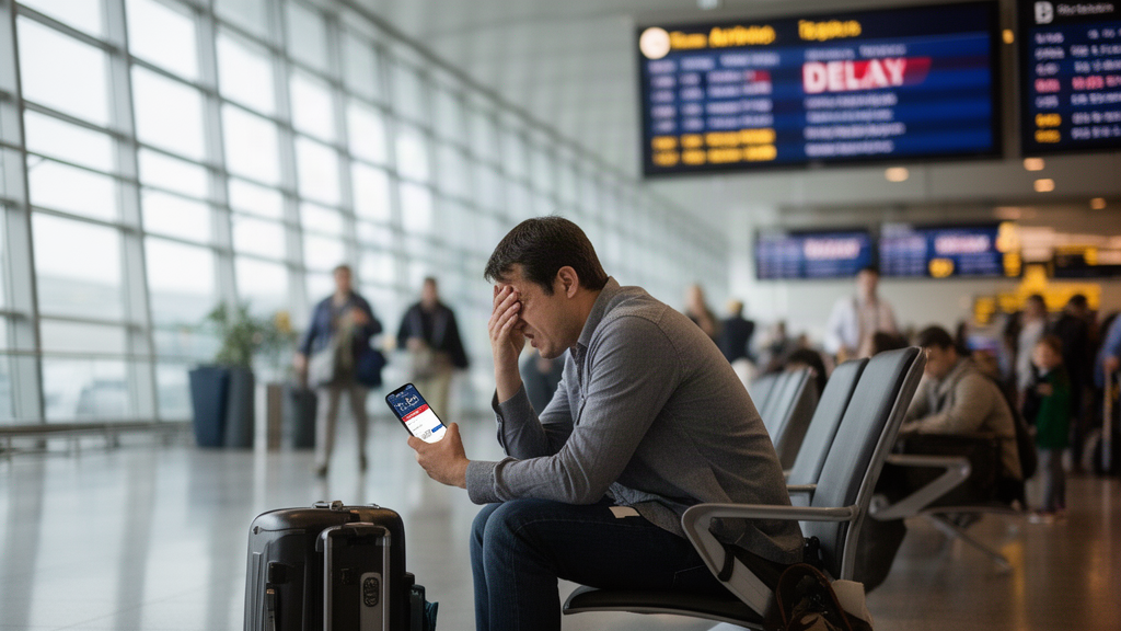 Passageiro sentado com bagagem e celular mostrando aviso de atraso no saguão do aeroporto