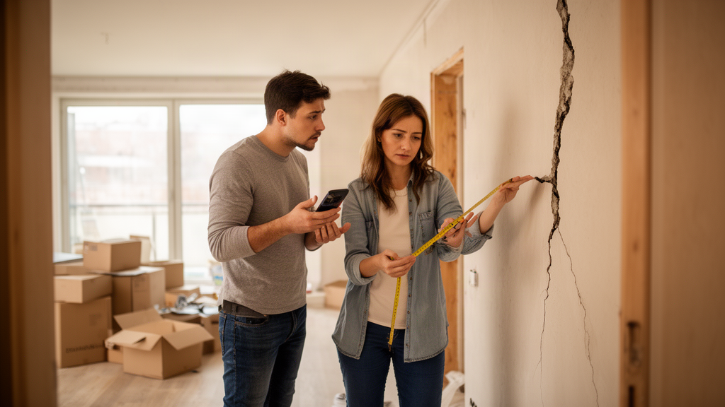 Casal em apartamento novo inspecionando rachadura na parede com fita métrica e celular