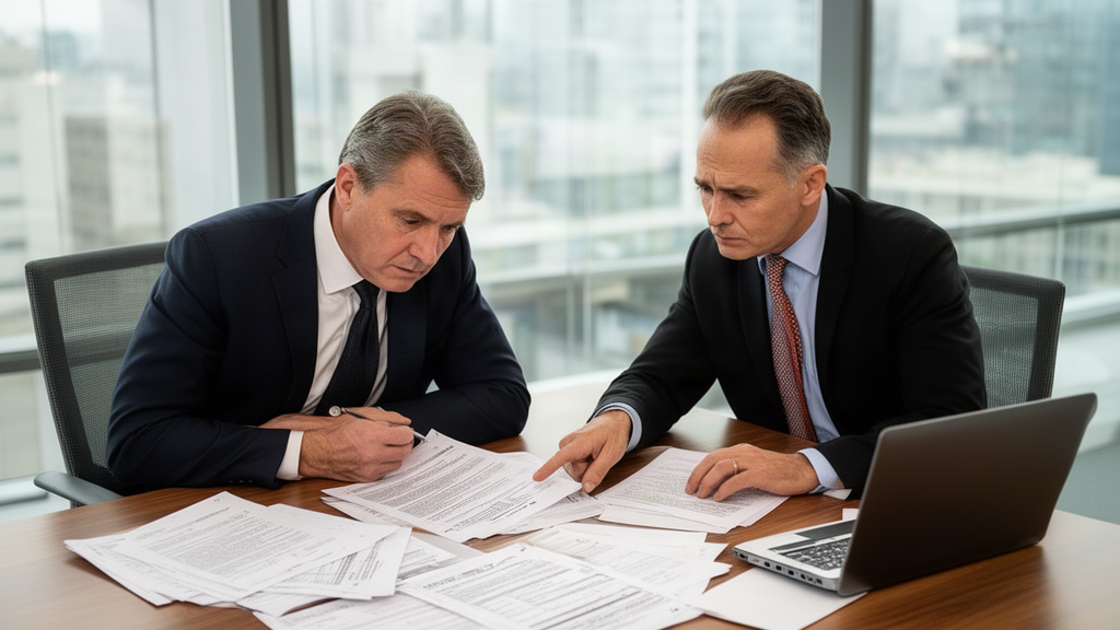 Advogado e empresário analisando contratos bancários em escritório iluminado