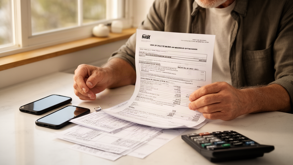 Pessoa analisando contrato de financiamento de veículo com extratos e calculadora sobre mesa