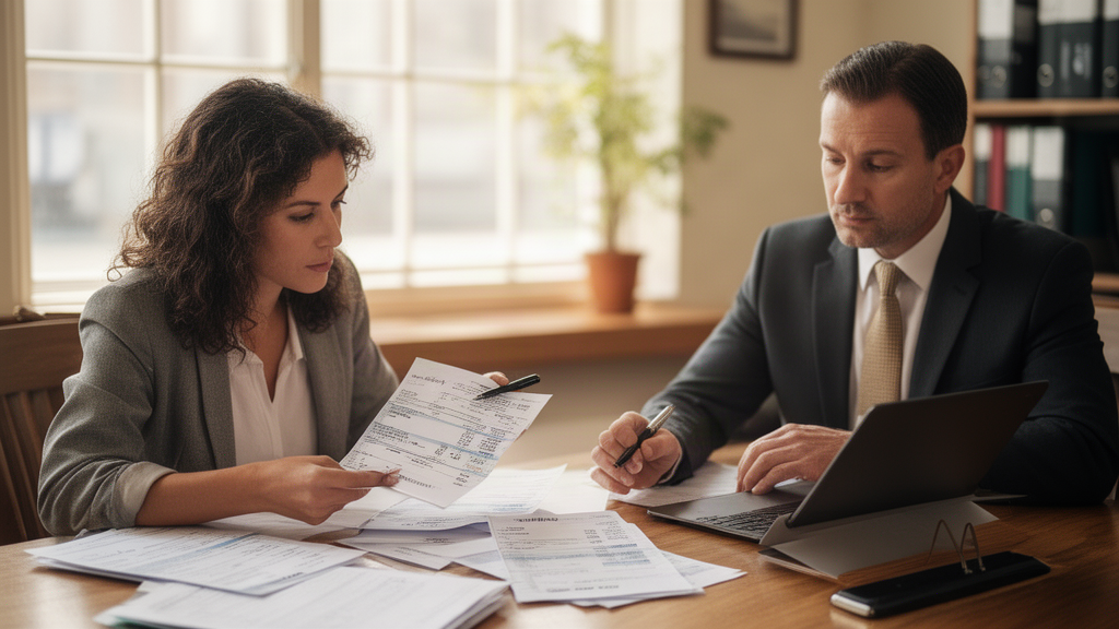 Advogado e empresário analisando contratos e extratos bancários em mesa iluminada