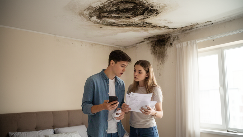 Casal observando mancha de infiltração e mofo no teto do quarto, com contrato na mão