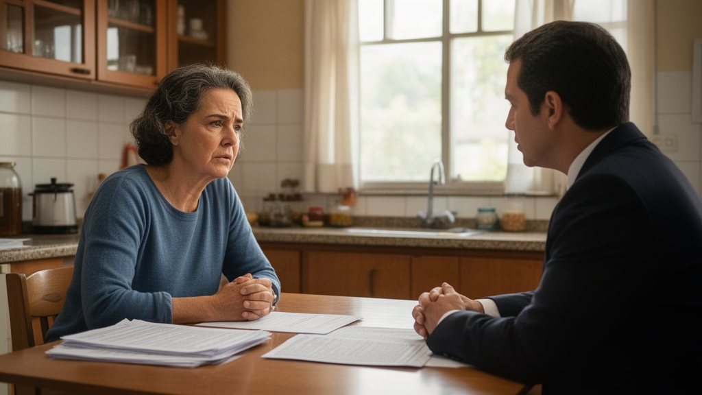 Pessoa conversando com advogado sobre citação e documentos bancários na mesa