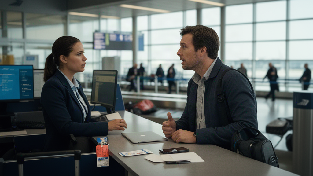 Passageiro conversando com atendente de bagagem perdida no balcão do aeroporto com etiqueta e celular visíveis