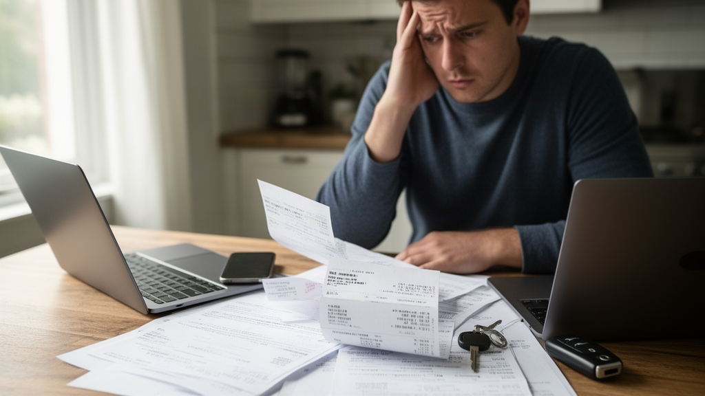 Pessoa analisando contratos e extratos de financiamento de veículo sobre mesa com chave ao lado