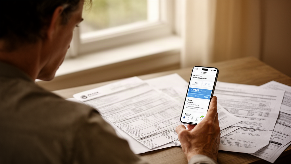 Pessoa em mesa com smartphone, extratos e boletim de ocorrência organizando documentos para desbloqueio judicial