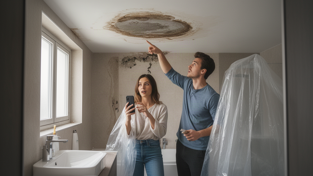 Casal fotografando infiltração no teto do banheiro, com móveis protegidos e expressão preocupada