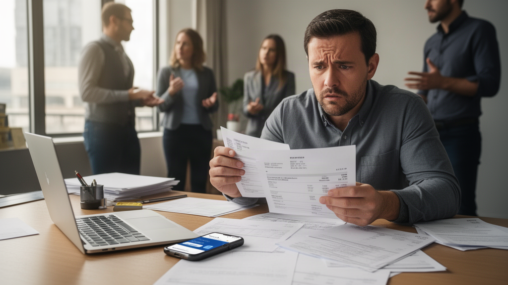 Empresário analisando extratos e notas fiscais em escritório com notificação bancária no celular