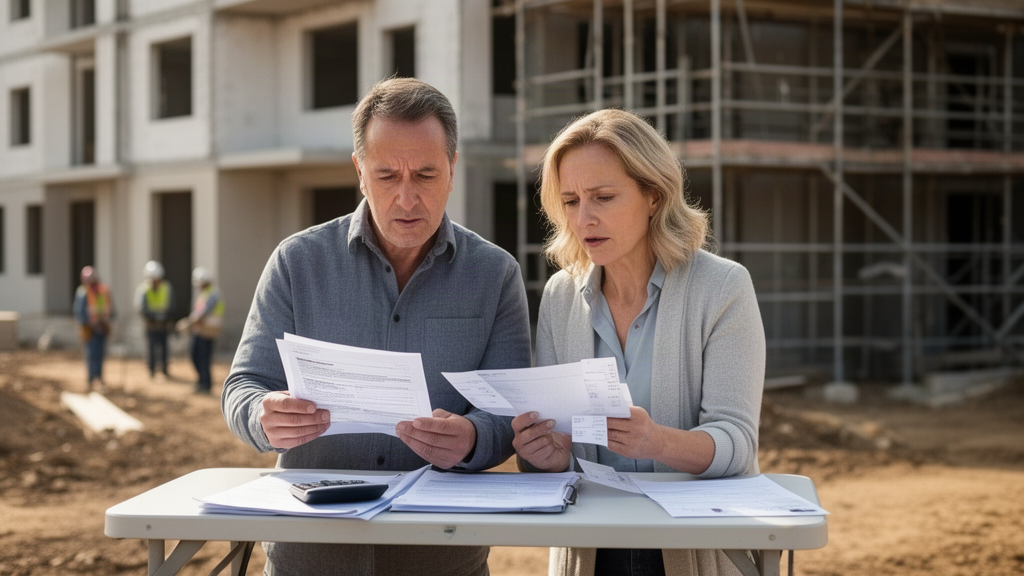 Casal revisando contrato e recibos em frente a obra de prédio residencial em construção