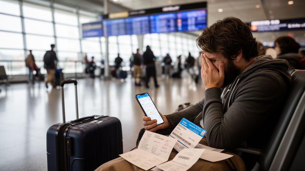 Passageiro sentado no aeroporto com malas, recibos e celular mostrando app da companhia