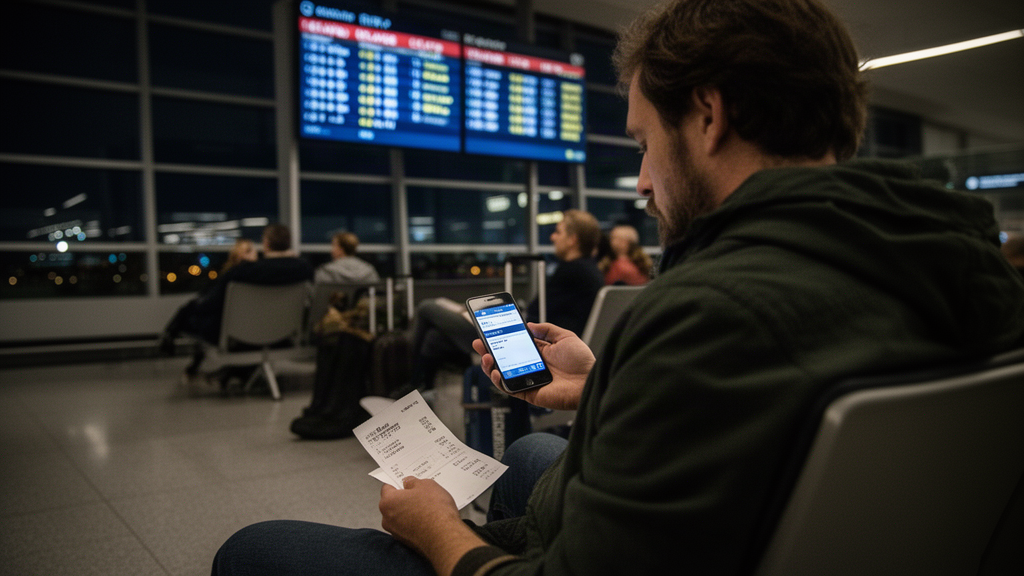 Passageiro no portão do aeroporto com cartão de embarque, recibo e celular mostrando atraso no voo