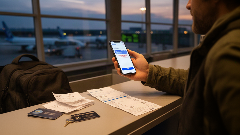 Passageiro no balcão do aeroporto com celular mostrando aviso de cancelamento e comprovantes sobre o balcão